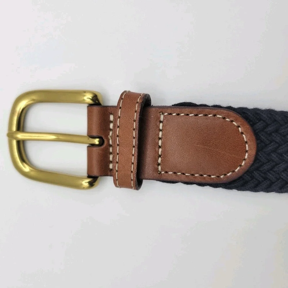 Lands'‎ End Woven Stretch Belt XL Navy Solid Brass Leather Trim Classic